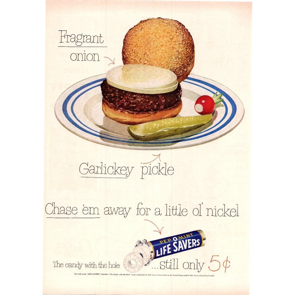 1951 Lifesavers Pep-o-Mint Candy Vintage Print Ad Hamburger Onion Wall Art 50s
